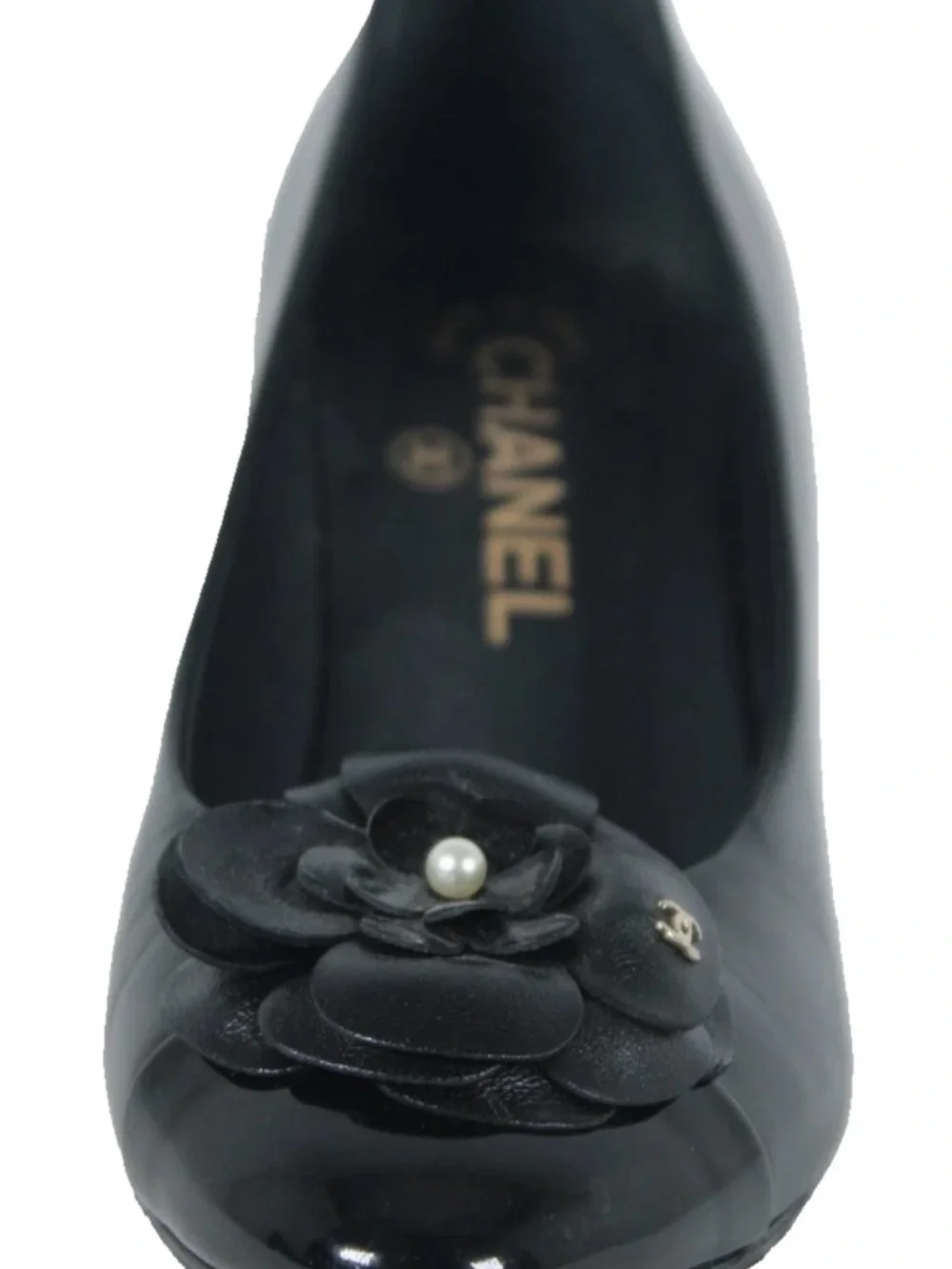 CHANEL Black Leather Camellia Pearl Detail Block Heel Pump classic size 37 6.5
